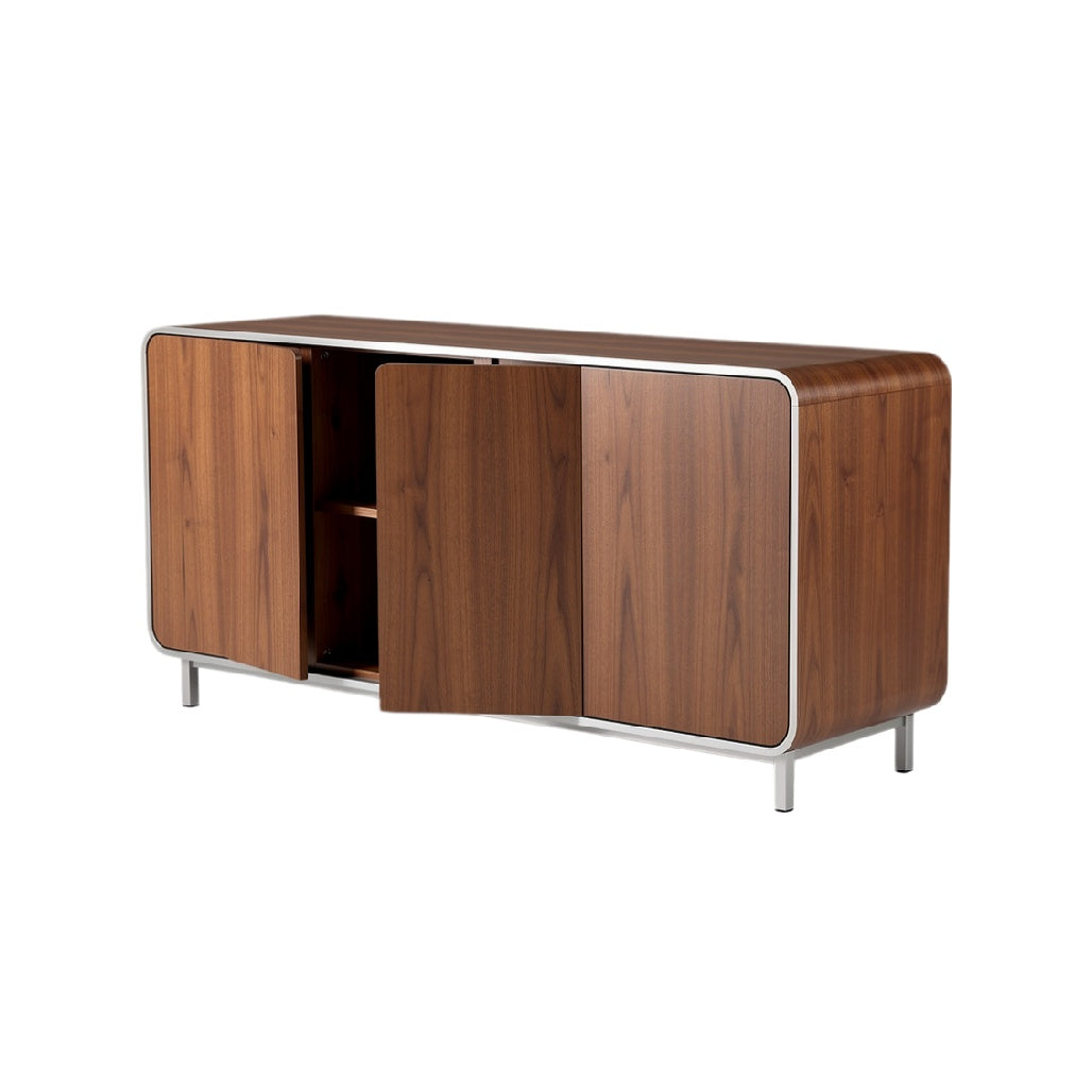 Modern Walnut Wood Sideboard with Sleek Metal Legs and Minimalist Design